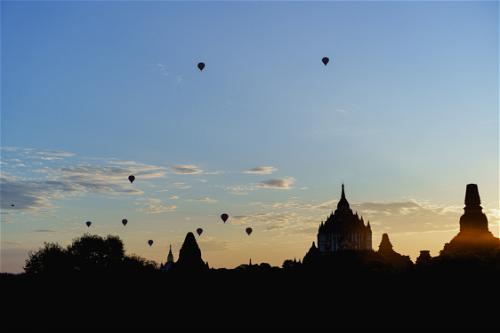 Silhouette of Bagan temples at sunrise Myanmar Burma