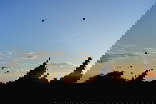 Silhouette of Bagan temples at sunrise Myanmar Burma