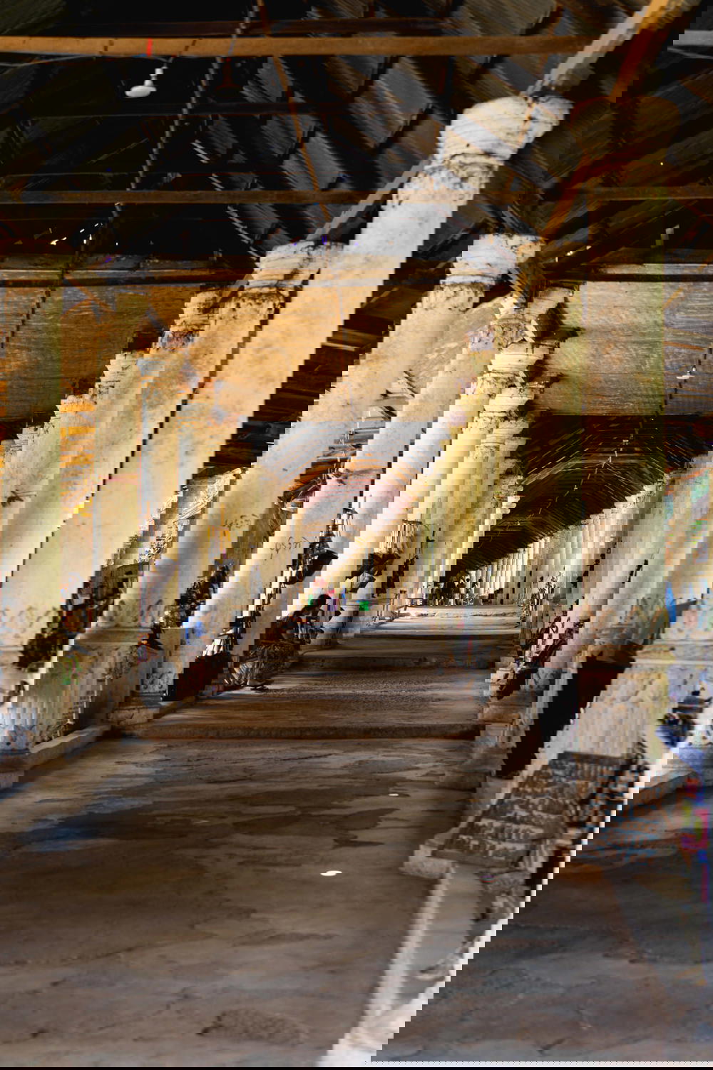 Long indoor outdoor market hall pathway of Indein village in Indein Myanmar