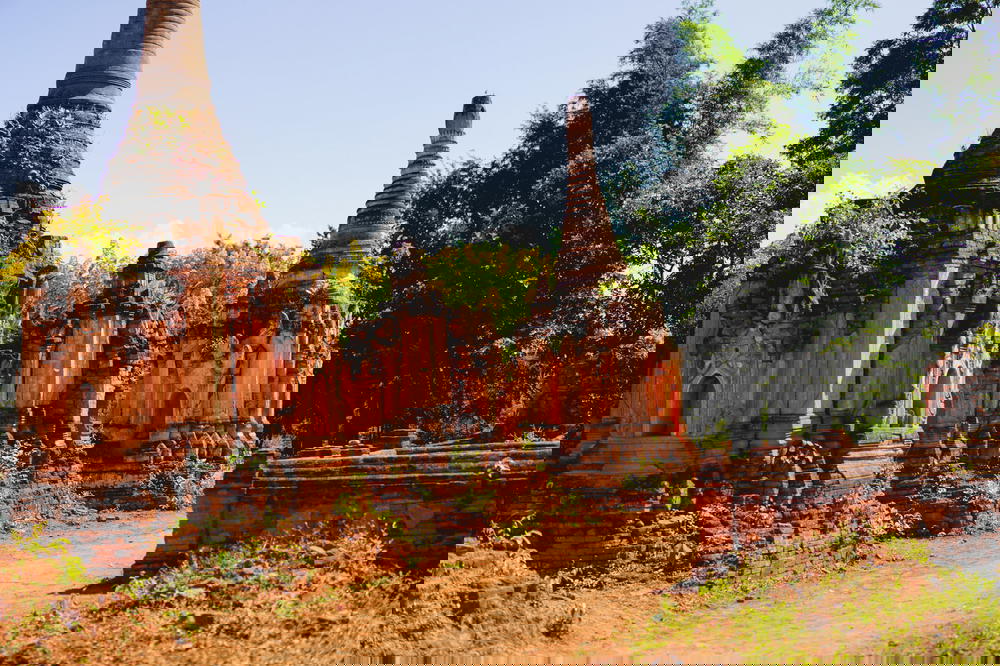 Aged and crumbling Buddhist stone stupas and pagodas in the village of Indein Myanmar