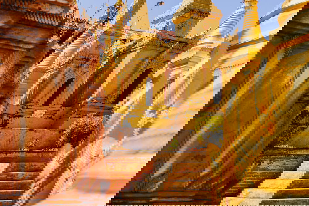 Rebuilt area of golden stupas outside Indein Pagoda in Indein Myanmar