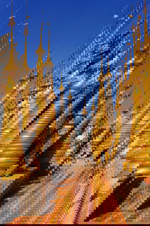 Scene of golden Indein Stupas and Pagodas, Inle Lake Myanmar