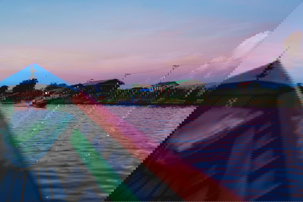 View of Burmese lake communities at dusk in Inle Lake Myanmar