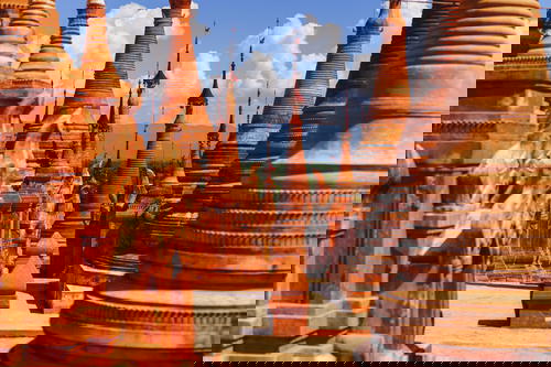 Red clay and stone pagodas at Indein pagoda Inle Lake Myanmar