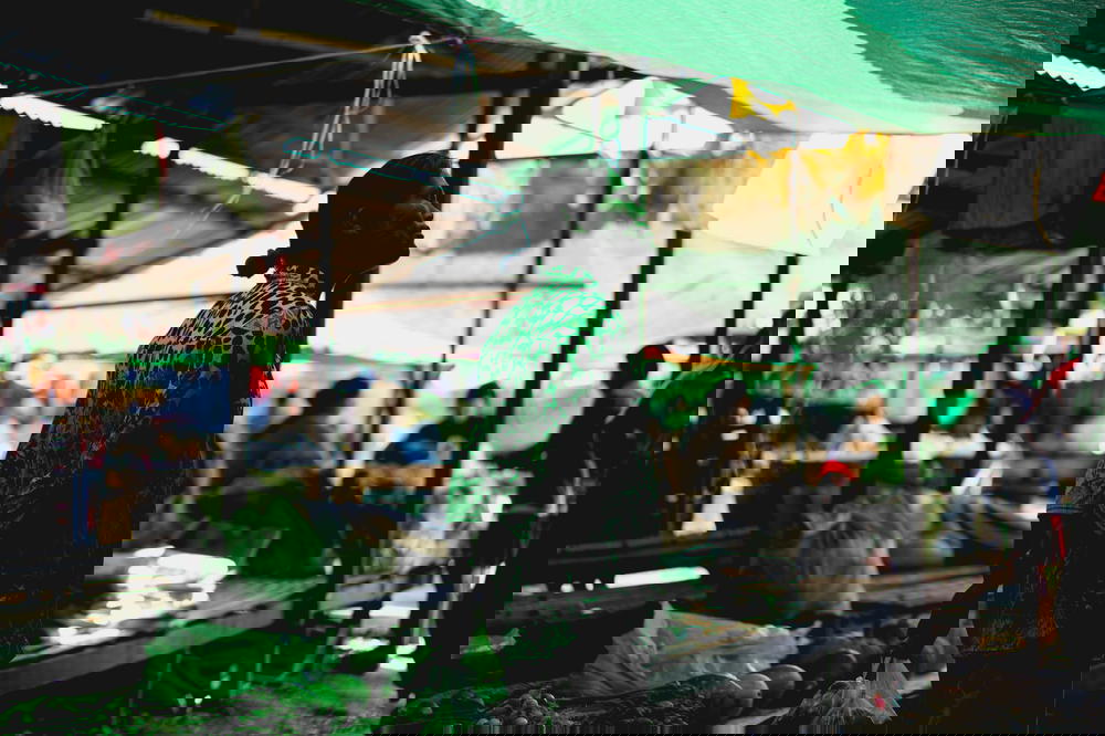 Burmese woman standing under green tarps of village market in Nyaungshwe Myanmar