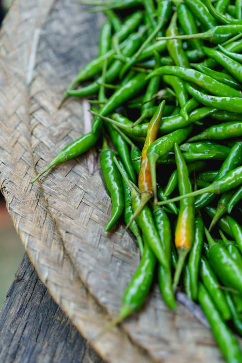 Green chiles for sale at the city market of Inle Lake Myanmar