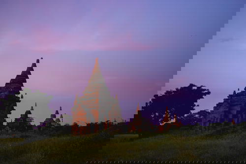 Bagan temples at dusk in Myanmar.