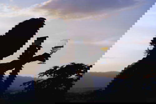 Woman taking photo of Burmese wine at Red Mountain Winery and Vineyard, Inle Lake, Myanmar (Burma)