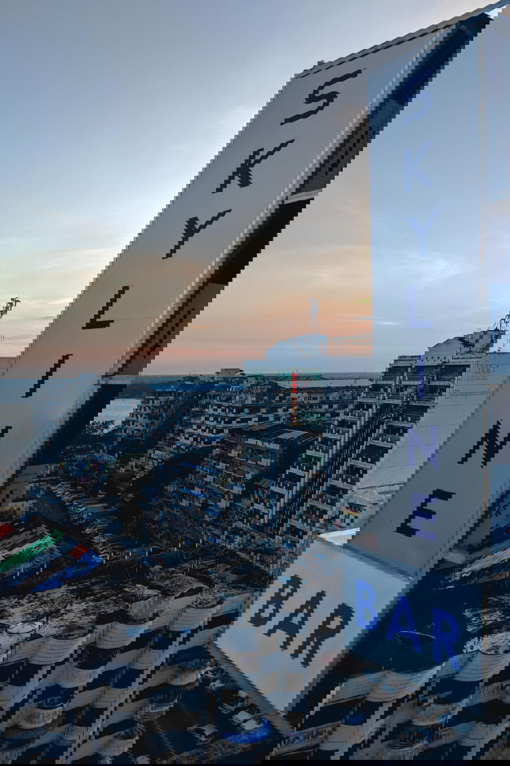 Sunset view from a rooftop bar in Chinatown of Yangon Myanmar