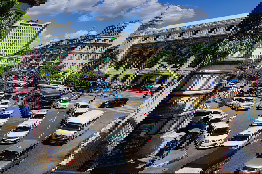 City traffic backup as seen from a viewpoint in Chinatown of Yangon Myanmar