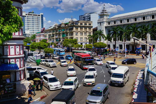 White clouds floating in the sky above Yangon, Myanmar.