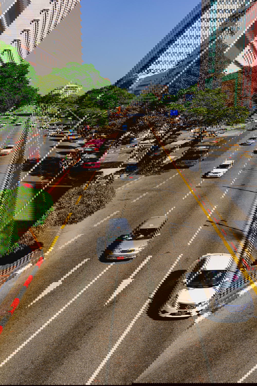 View from above in a traffic circle of downtown Chinatown of Yangon Myanmar