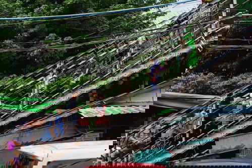 A red car on a stairway in Yangon, Myanmar (Burma).