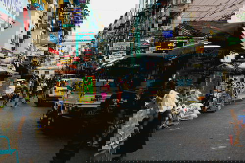 A bustling street in Yangon, Myanmar.