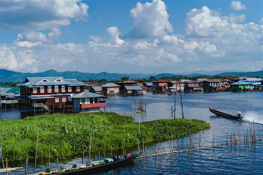 Scene of a town of stilt homes at Inle Lake Myanmar
