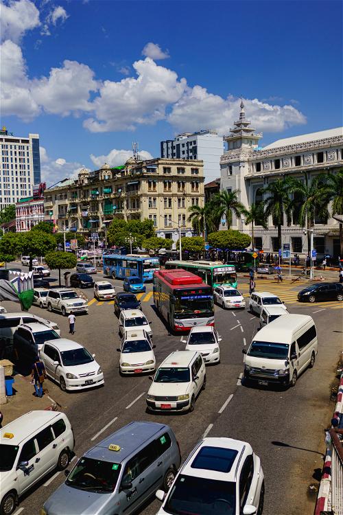 Daytime traffic jam in Yangon, Myanmar on street