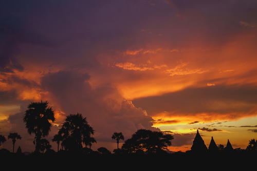 Bagan sunset among pagodas and temples, Myanmar