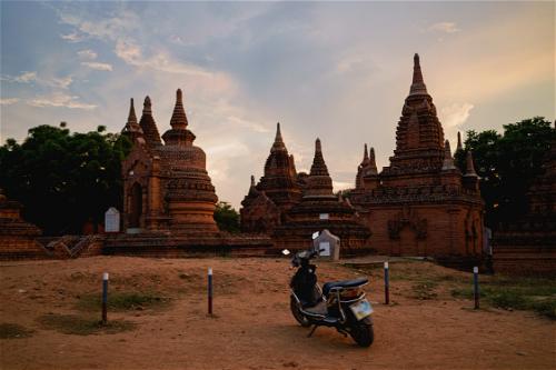 Rental e-bike in Bagan, Myanmar (Burma) at pagoda and temples