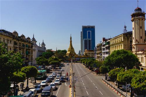 Sule Pagoda in center of the intersection in downtown Yangon Myanmar Burma