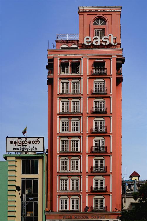 Pink east building near Sule Shangrila hotel in downtown Yangon Myanmar Burma