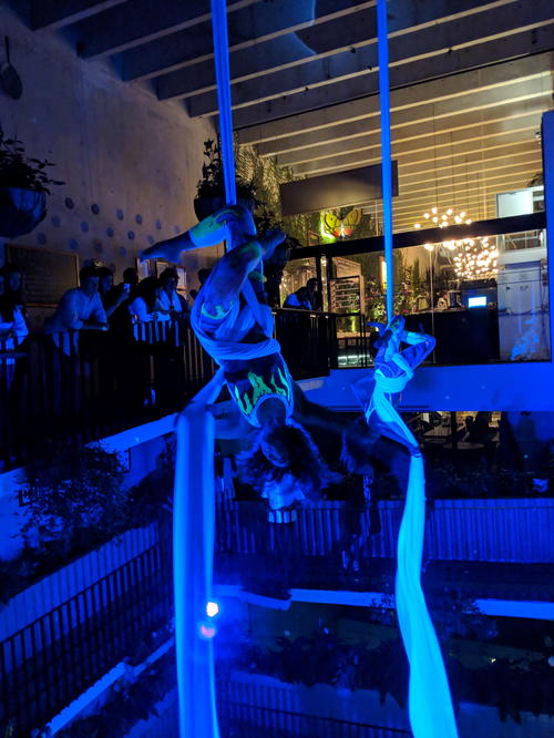 A group of people performing aerial stunts in Lima, Peru.