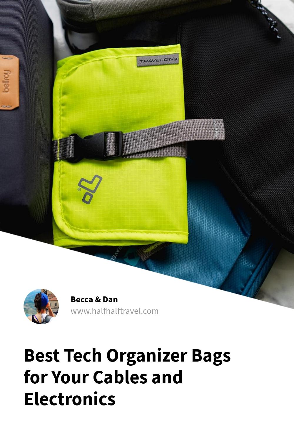 Pinterest image from the 'Best tech organizer bags for your cables and electronics' article on Half Half Travel
