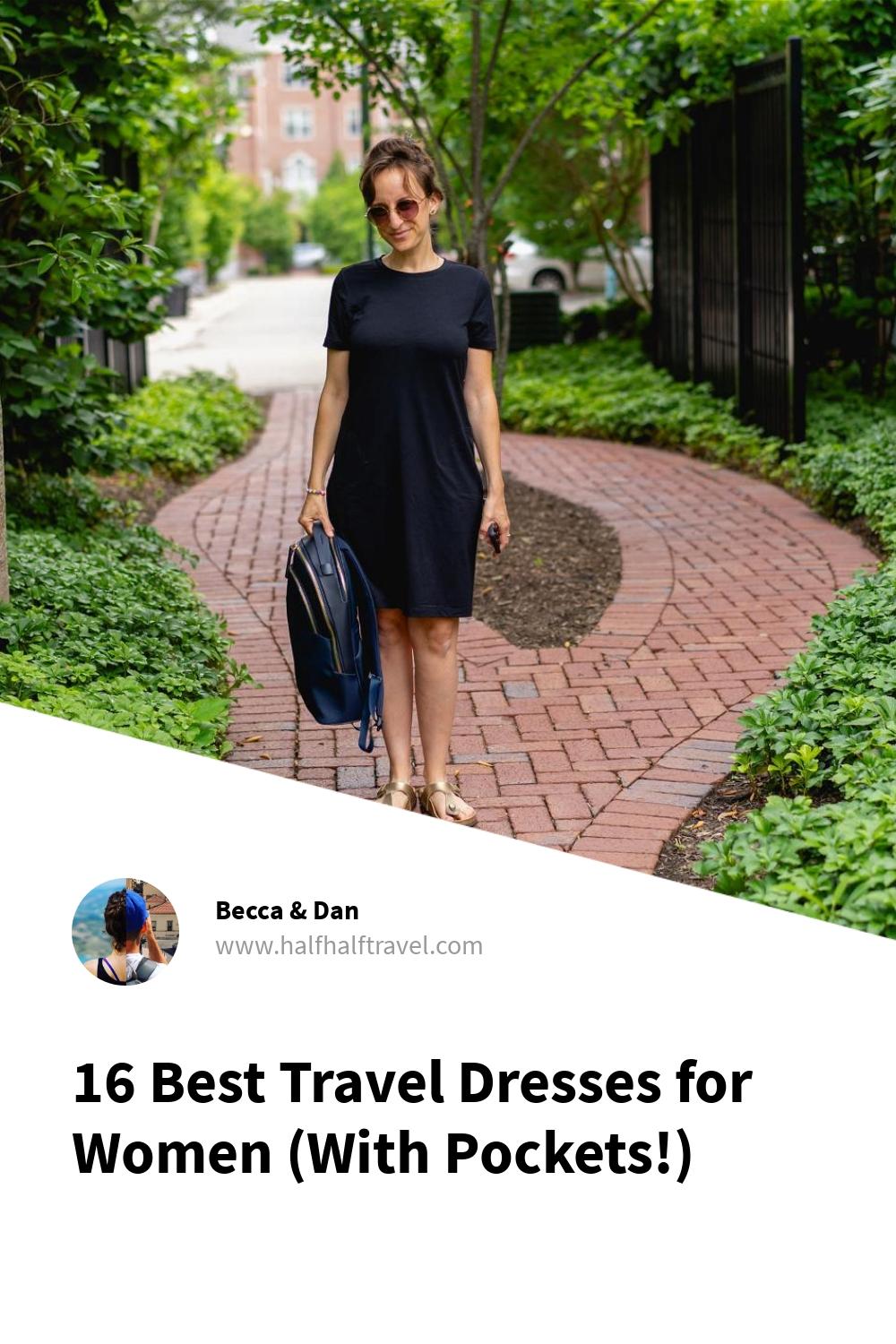 Pinterest image from the '16 Best travel dresses for women (With Pockets!)' article on Half Half Travel