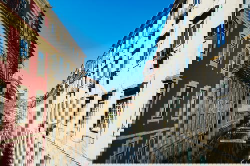 A narrow street in Lisbon, Portugal.