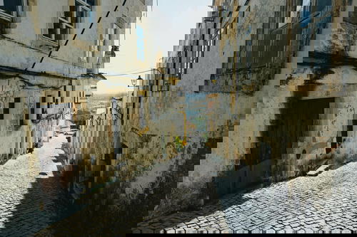 Cobblestone streets leading to views in Portalegre, Portugal