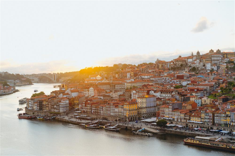 An aerial view of the city Porto at sunset in Portugal.