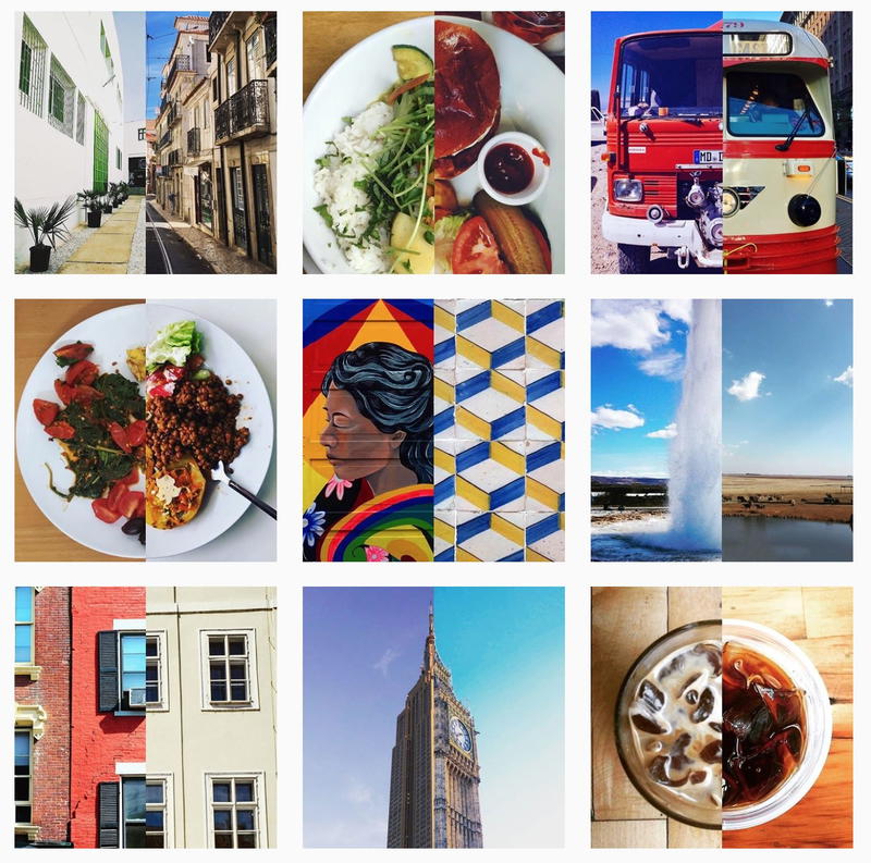 A collage of pictures of a bus, a train, and a city.