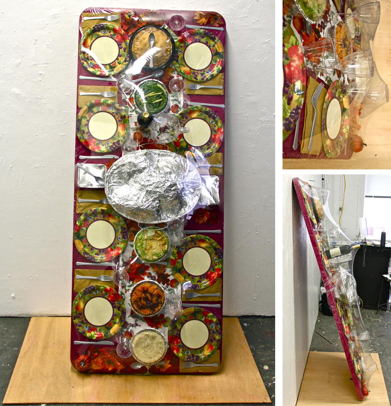 A tray of food on a table.