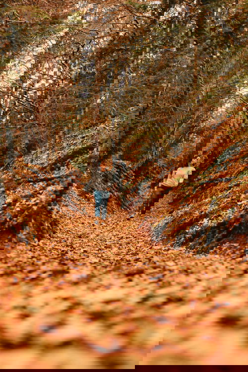 A woman walking down a path in the woods.