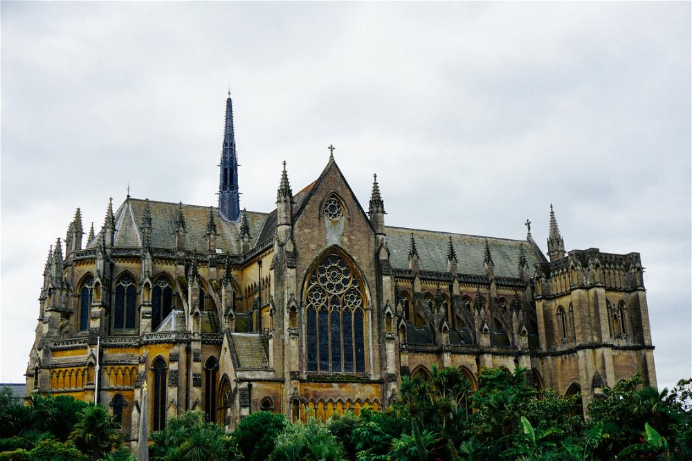 A large building with spires and spires.
