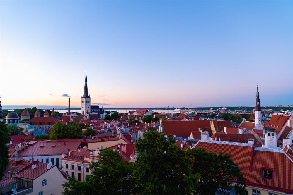 A view of tallinn, estonia at sunset.