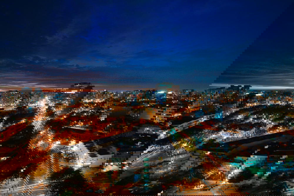 An aerial view of a city at night.
