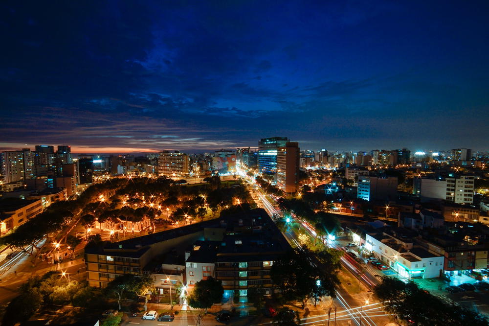 An aerial view of a city at night.