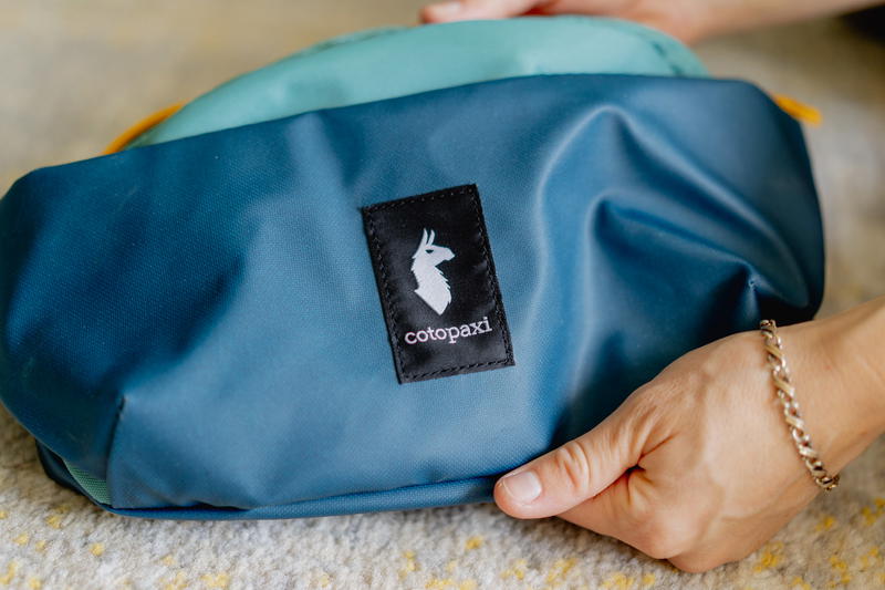 a person holding a blue bag with a white llama on it