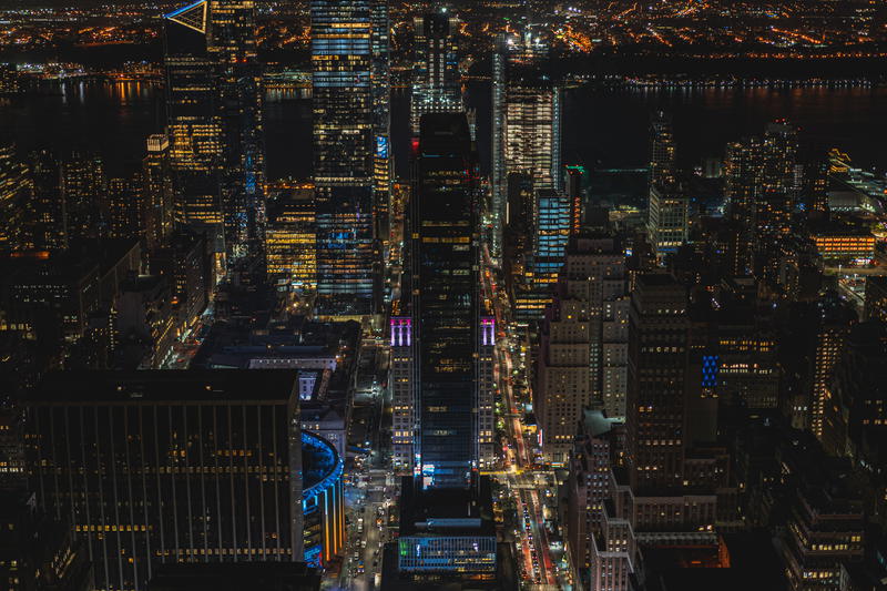 An aerial view of new york city at night.