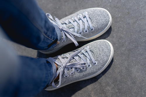 Close up of gray Allbirds wool pipers