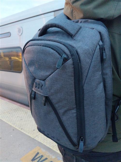The knack backpack on a train platform