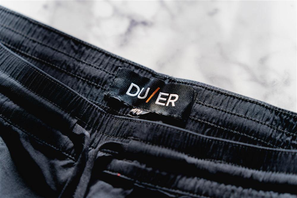 DUER Weightless Poplin tag and waistband close up