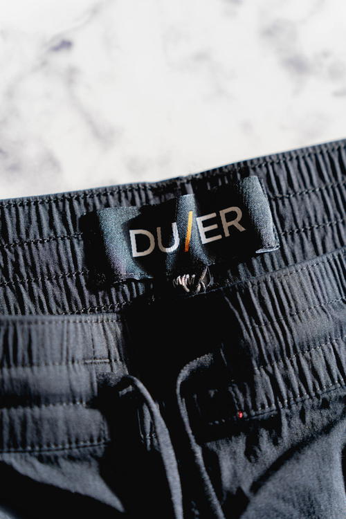 DUER Weightless Poplin tag and waistband close up
