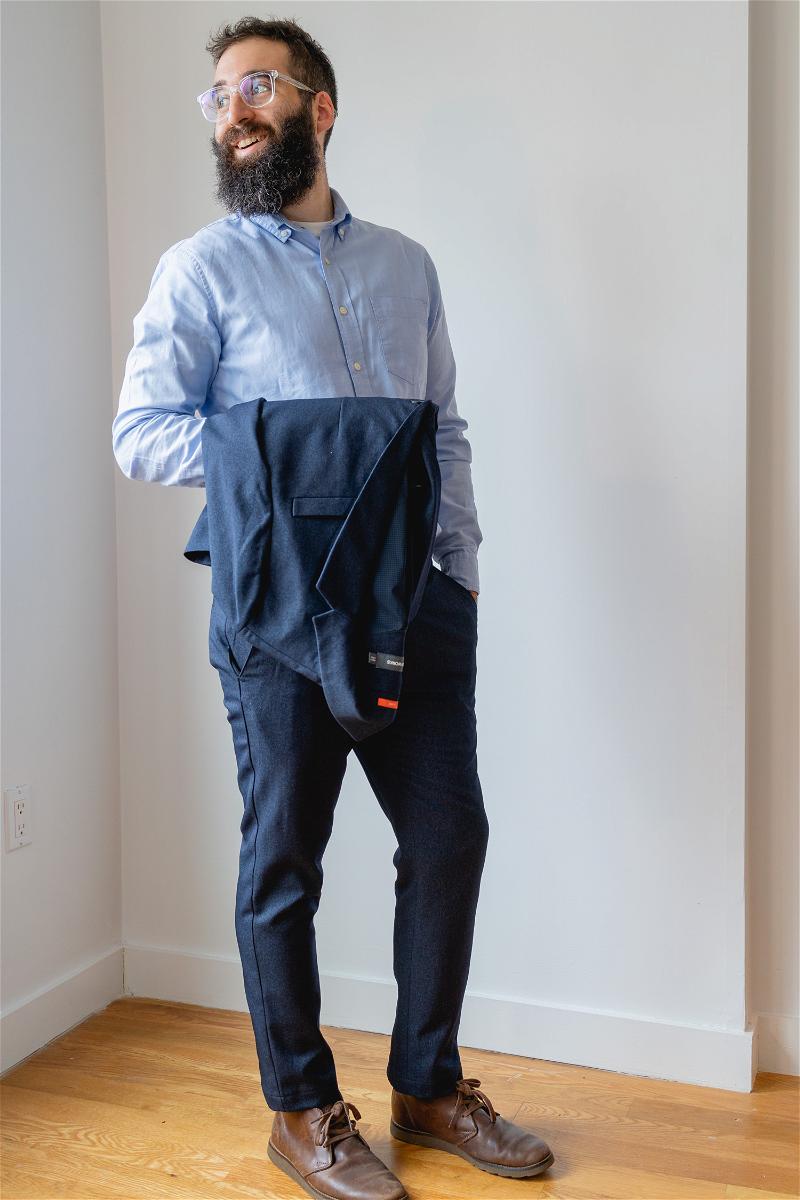 Man with Bluffworks travel suit
