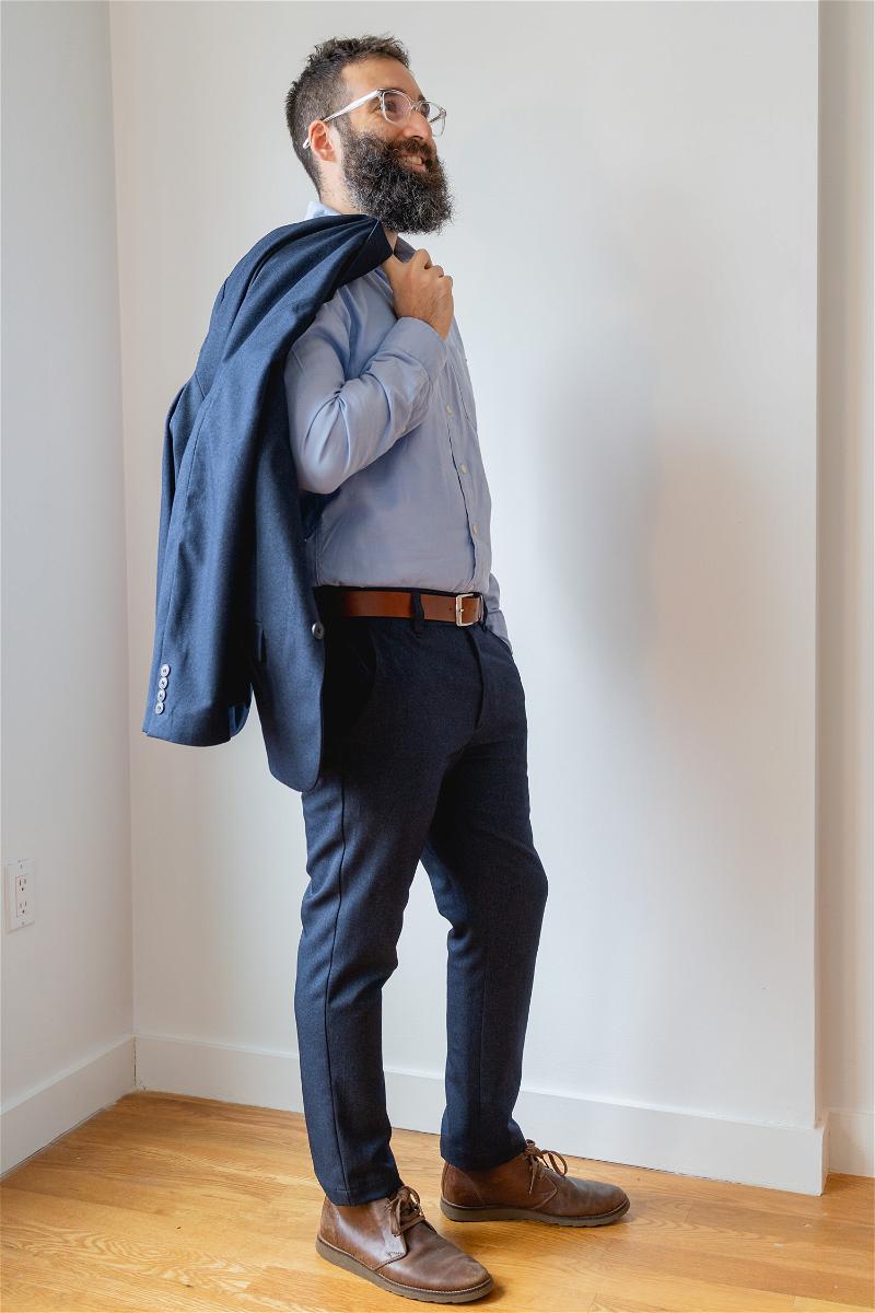 Man with Bluffworks travel suit