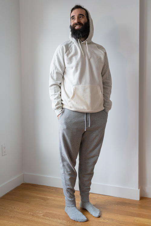 Man wearing sweatpants from Mott & Bow