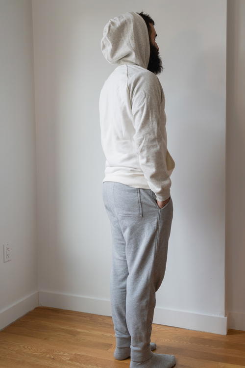 Man wearing sweatpants from Mott & Bow