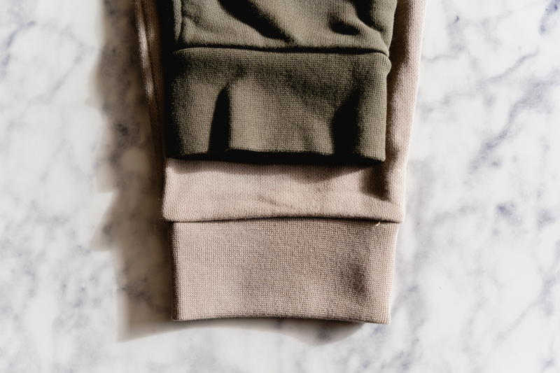 Green and tan legs from the Mott & Bow French Terry Sweatpant Hooper