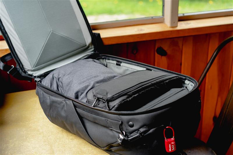 A packed peak design travel packpack 45L.