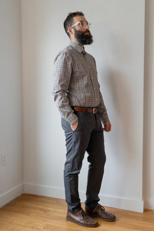 Man wearing Bluffworks dress shirt and dress pants